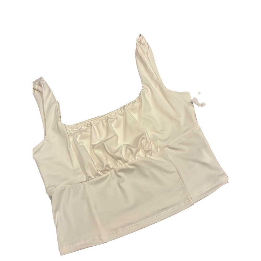 Live in the Moment White Ruched Bust‎ Square Neck Crop Top Tank S T57753